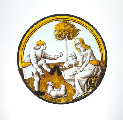 Rounddel, jossa pari leikkii Quintainissa, n. 1500 (lasi, lasimainen maali ja hopea tahra) tekijältä French School