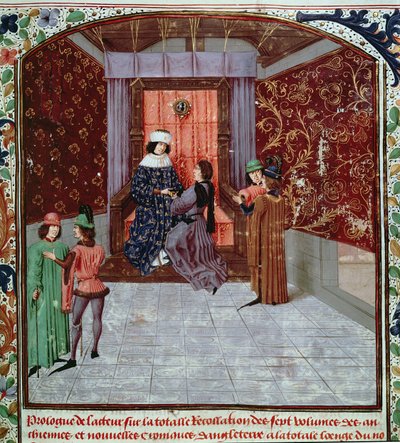 Roy 15 E IV f.14 Edward IV vastaanottaa kirjan kirjailijalta, Englannin vanhoista aikakirjoista, Jean Batard de Wavrin, n. 1470-80 (vellum) tekijältä French School