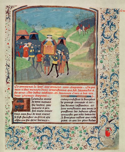 Roy 17 FI f.198 Aleksanteri Suuri puhuu miehilleen toivoen saada heidät jatkamaan Intiaan, alkaen Quinte Curse Ruffe des Fais du Grant Alexandre, n. 1468 (vellum) tekijältä French School