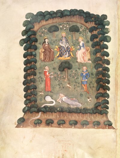Roy 19 C IV f.298 Charles V valtaistui puutarhassa kruunun ja valtikan kanssa teoksesta "Dream of the Orchard Keeper" tekijältä French School
