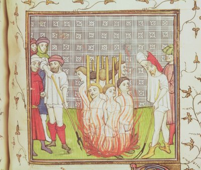 Roy 20 C VII f.44v Temppeliherrojen polttaminen, noin 1308 (pergamentti). tekijältä French School