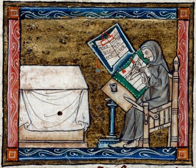 Royal 14 E. III, f.6v Kirjoittaja kopioi kopiosta, kuvitus teoksesta "The Story of the Holy Grail", n. 1315 (vellum) tekijältä French School
