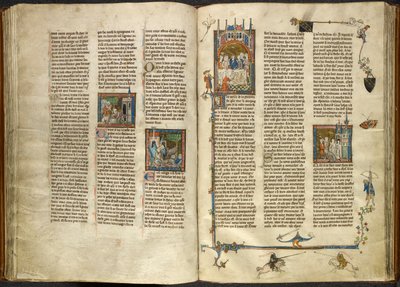 Kuninkaallinen 14 E. III, ff.88v-89 Lancelot poistamassa katkaistun isoisänsä, kuninkaan, pään kiehuvasta kaivosta; rakennus romahtaa kahden ritarin päälle. Oikealla miniatyyri Arthurista ja Guineveresta, jotka istuvat juhlalla, Estoire del Saint Graalista tekijältä French School