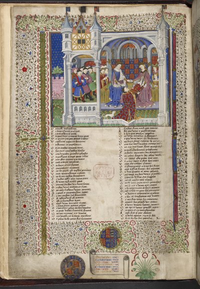 Royal 15 E. VI, f.2v Margaret of Anjou, istuu miehensä kuningas Henrik VI:n kanssa, kuvitus Shrewsbury Talbot Book of Romances -kirjasta, n. 1445 (muste, väri ja kulta tarranauhalla) tekijältä French School