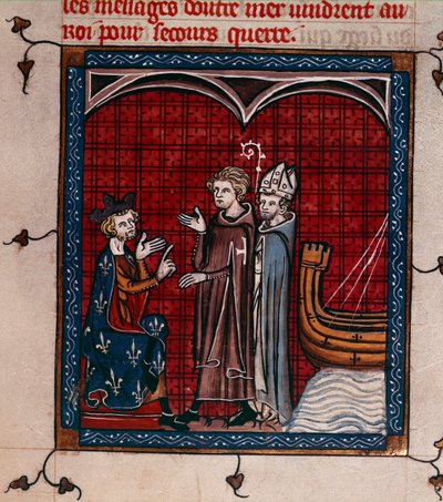 Royal 16 G. VI, f.337 Kuningas Filip II ja patriarkka, kuvitus Chroniques de France ou de Saint Denisistä (vellum) tekijältä French School