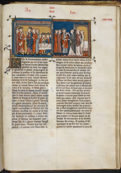 Royal 16 G VI f.426r Miniatyyri Henrik III:sta vierailemassa Ludvig IX:n luona ja Henrik III:n luona St Denisissä, sivu "Les Grandes Chroniques de France" tekijältä French School