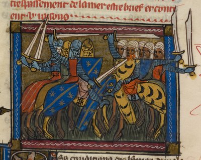 Kuninkaalliset 19 D. I f.189v Kristittyjen ja saraseenien armeijat taistelussa, kuvitus 