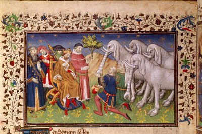Royal 20 B. XX, fol.82v, Alexanderille valkoiset norsut, "La Vraye Histoire du Bon Roy Alixandre" (vellum) tekijältä French School