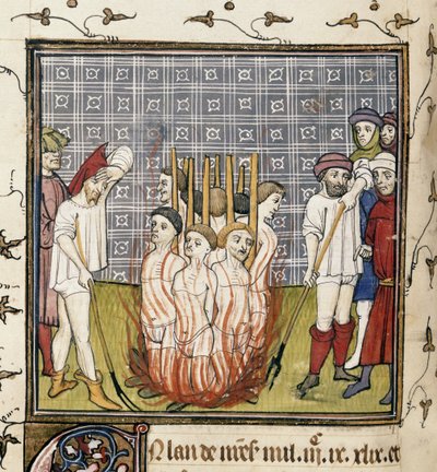 Royal 20 C. VII, f.44v Templars polttaminen, kuvitus Chroniques de France ou de St. Denisistä (vellum) tekijältä French School