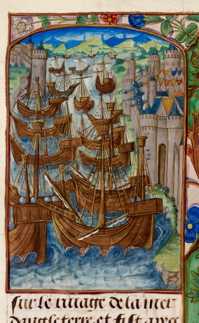 aRoyal 20 E. III, fol.186v Ranskan laivasto hyökkäsi Sluysissa, "Chroniques de France ou de Saint Denis" tekijältä French School