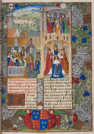 Royal 20 E. V, f.8 Kaarle VII:n kruunaus, kohtauksia Chroniques de France ou de Saint Denisistä vuodelta 1487 (vellum) tekijältä French School