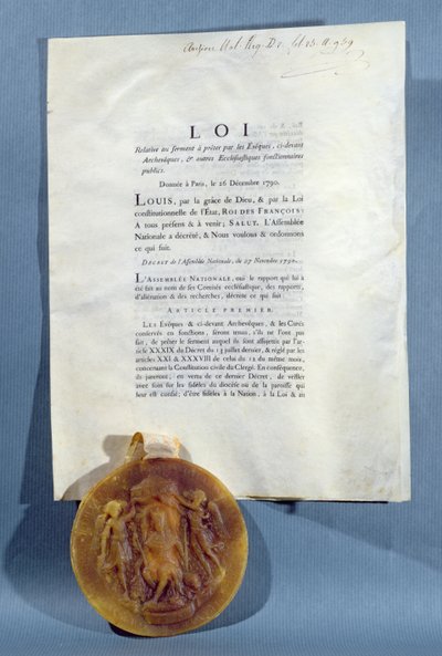 Ludvig XVI:n kuninkaallinen asetus, jossa vahvistetaan ranskalaisten piispojen ja pappien velvollisuus vannoa uskollisuus papiston siviiliperussäännölle, 16. joulukuuta 1790 (painettu paperi- ja vahasinetti) tekijältä French School