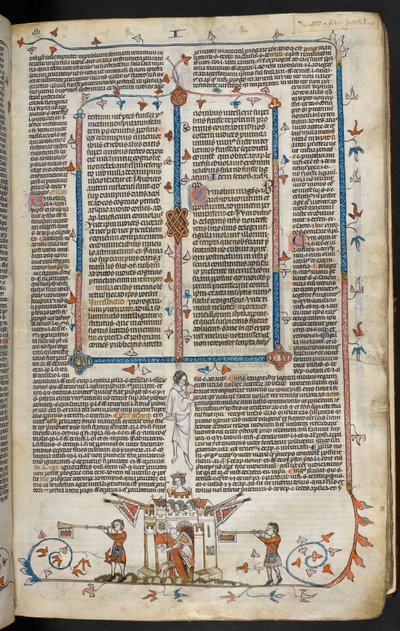 Royal MS 10 E IV f.66r, sivukohtaus ratsastusritarista nousemassa linnasta, n. 1300-1340 (kynä & muste ja tempera pergamentilla) tekijältä French School