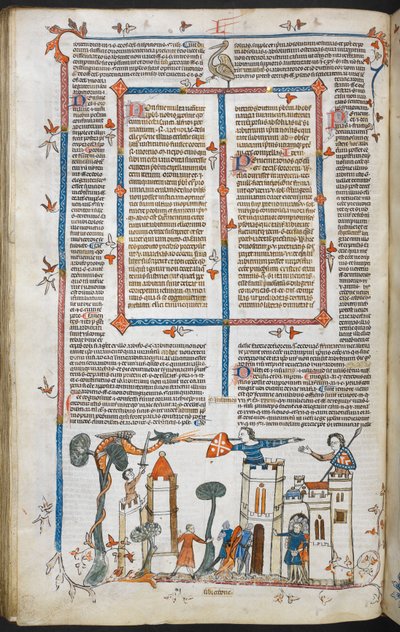 Royal MS 10 E IV f.88v, sivukohtaus lohikäärmeestä, joka hyökkää linnaan, n. 1300-1340 (kynä & mustetta ja tempera pergamentilla) tekijältä French School