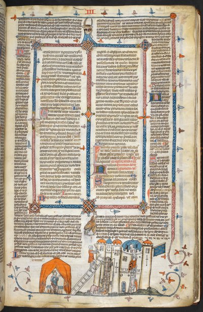 Royal MS 10 iv f.202r Hyökkäys linnoitettuun linnaan ja reunakoristeeseen, kuvitus teoksesta "The Smithfield Decretals" (vellum) tekijältä French School