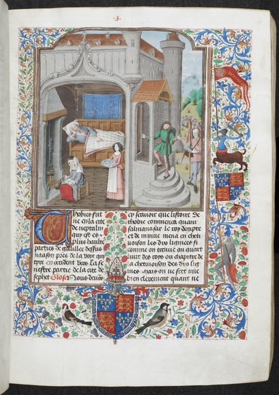 Royal MS 15 D I f.18r Naiset hoitamassa sairasta miestä, 