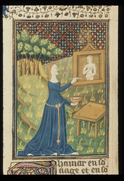 Kuninkaallinen MS 16 G V f.068v Sivu De claris mulieribusista nimettömänä ranskankielisenä käännöksenä (Le livre de femmes nobles et renomées), kirjoittanut Giovanni Boccaccio, n. 1440 (väriä ja kultaa velumilla) tekijältä French School