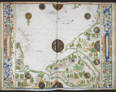 Royal MS 20 E IX f.11v - f.12r Kartta Aasian ja Afrikan rannikoista Cape Comorinista Cape Delgadoon, mukaan lukien Persianlahti ja Punainen meri, "Boke of Idrography" ("Rotz Atlas") perusteella kirjoittanut Jean Rotz, n. 1535-1542 (muste, väri ja kulta vel tekijältä French School