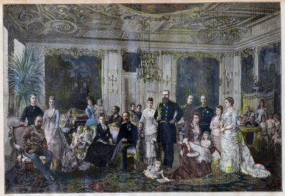 Kuninkaalliset perheet kokoontuvat Tanskaan juhlimaan tsaarin ja tsaarin hopeahäitä pienessä Juleboekshusenen kylässä Le Petit Journalista, 26. syyskuuta 1891 (värinen kaiverrus) tekijältä French School