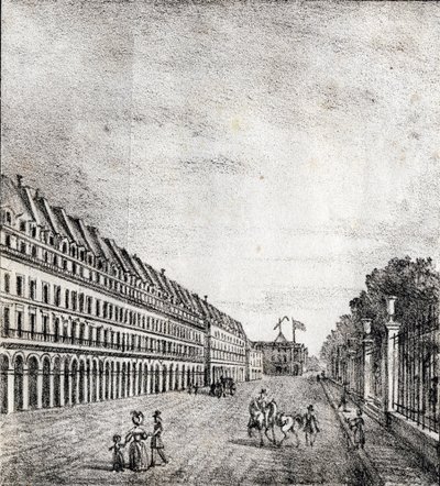 Rue de Rivoli, Pariisi - "Alphabet Picturesque des Monumens de Paris" noin 1840 (kaiverrus). tekijältä French School
