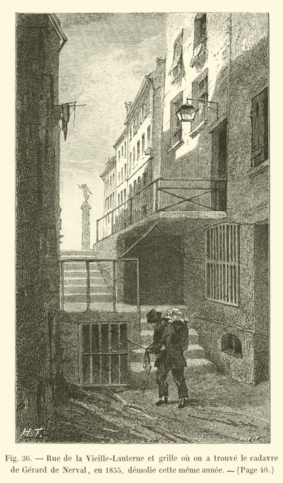Rue de la Vieille-Lanterne ja portti, josta Gerard de Nervalin ruumis löydettiin vuonna 1855, purettiin samana vuonna tekijältä French School