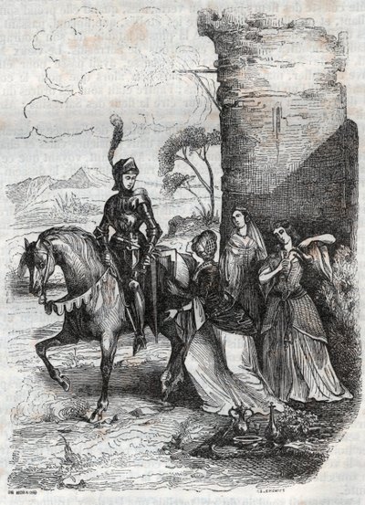 Ruggiero ja kolme nymfiä Alcinan hovista - kaiverrus vuodelta 1851 runosta Orlando furioso tekijältä French School
