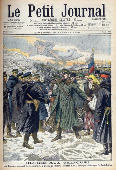 Venäjän-Japanin sota 1904-1905: Japani antoi kenraali Stoesselille ja venäläisille Port Arthurin puolustajille kunniallisen antautumisen. Le petit Journal, Pariisi tekijältä French School