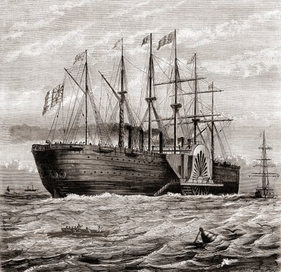 SS Great Eastern, rautainen purjehöyrylaiva, jonka on suunnitellut Isambard Kingdom Brunel, Les Merveilles de la Science, julkaistu n.1870 (kaiverrus) tekijältä French School