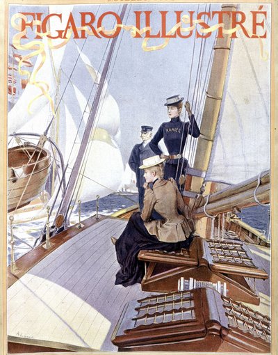 Purjehdus: naiset veneen kannella - piirros "" Figaro kuvitettu"" vuodelta 1891, Arts Deco. tekijältä French School