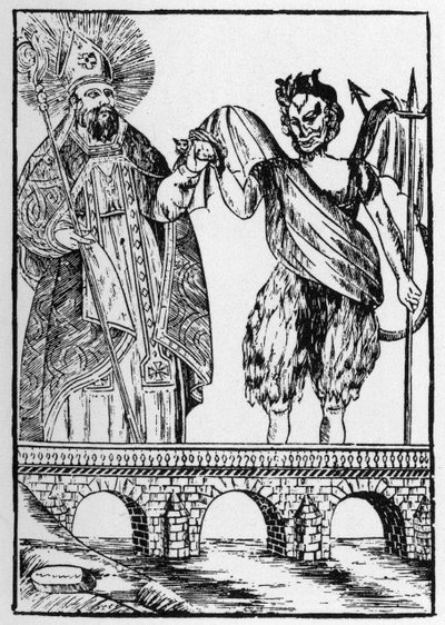 Saint Cado (tai Cadoc tai Catuod tai Catoc tai Cazut tai Cadochus) legendaarinen pyhimys Christian antaa kissan paholaiselle vastineeksi sillan rakentamisesta - suosittuja kuvia Perret tekijältä French School