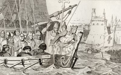 Pyhä Louis IX (1214-70) johtaa joukkojaan taistelussa Colartin "Histoire de France" -kirjasta, joka julkaistiin n. 1840 tekijältä French School