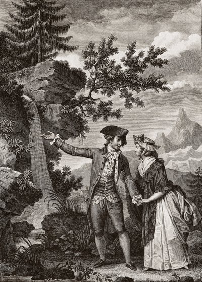 Saint Preux ja Julie -kaiverrus vuodelta 1793 sveitsiläisen filosofin Jean Jacques (Jean-Jacques) Rousseaun (1712-1778) teokselle "Julie ou la nouvelle Heloise" - Julie ja Saint-Preux, kuvitus Jean-Jausse Rousse