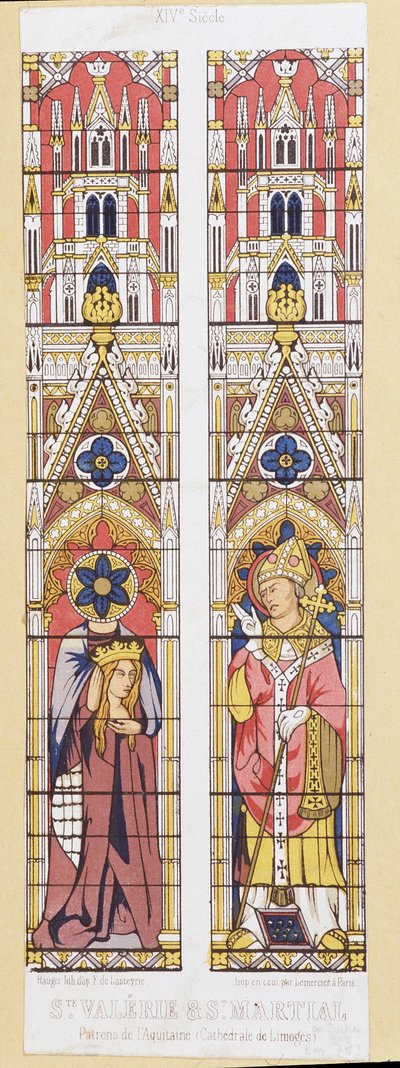 Saint Valerie, neitsyt ja marttyyri Limogesissa (3. vuosisata) ja Saint Martial, Limogesin eveque (3. vuosisata), Akvitanian suojelijat. Fac simile toistaa lasimaalauksia Cathedrale de Limoges. tekijältä French School