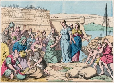 Sainte Genevieve jakaa ruokaa ihmisille Attilan hunnien armeijan piirityksen aikana vuonna 451 (barbaarien hyökkäykset) - Sainte Genevieve ja pariisilaiset - Kaiverrus 1800-luvun lopusta "Nos Gires Nationales - kuvia tekijältä French School