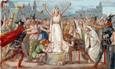 Sainte Genevieve järjesti Pariisin puolustamisen Attilan hunnilaumoja vastaan ja rauhoitti pariisilaisia vuonna 451. 1800-luvun lopun kromolitografia. tekijältä French School