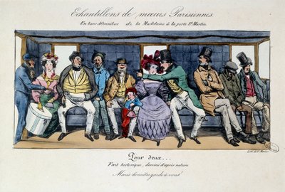 Esimerkki pariisilaisesta moraalista: Madeleinen omnibussin penkki Saint Martinin portilla. 1800-luvun vedoksia. Pariisi, Musee Carnavalet tekijältä French School