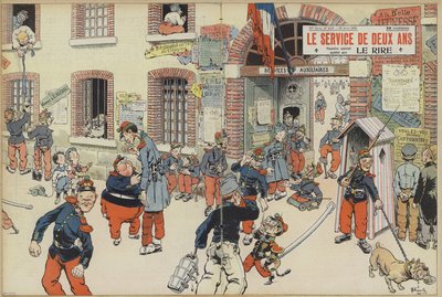 Satiiri asevelvollisuuden käyttöönotosta Ranskan armeijassa. Kuvitus Le Rirelle (väri litho) tekijältä French School