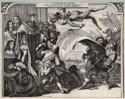 Satiirinen allegoria Arrasin piirityksen noususta vuonna 1654 Ludvig XIV:n (1638-1715) kruunaamisen jälkeen. Vasemmalla on Itävallan kuningatar Anna (1601-1666). Seisoi Louis XIV:n vieressä ja kuninkaan vasemmalla puolella kardinaali Jules Mazarin (1602-16 tekijältä French School