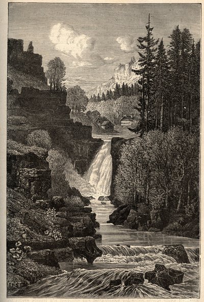 Saut du Doubs (vesiputous) Franche-Comte - kaiverrus kirjaimella "" PATRIE"" - PECTURESSE RANSKAN KUVAUS 6 NITEESSÄ LUCIEN HUARD - 1800-luvun loppu tekijältä French School