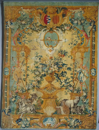 Savonnerie-paneeli: Jousi vaakuna, valmistaja Savonnerie Factory, Ranska, ennen 1717 tekijältä French School