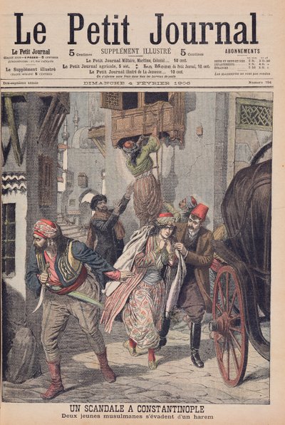 Skandaali Konstantinopolissa, kaksi nuorta musliminaista pakenemassa haaremista, kuva Le Petit Journalista, 4. helmikuuta 1906 tekijältä French School