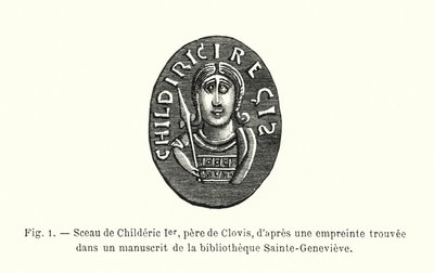 Childeric I:n, Clovisin isän, sinetti Sainte-Genevieven kirjaston käsikirjoituksesta löytyneestä jäljestä (kaiverrus) tekijältä French School