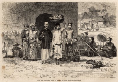 Scene du marche de Saigon, kaiverrus D.Maillardin piirustuksen jälkeen, joka havainnollistaa matkaa Cochinchineen, tohtori Morice, vuonna 1872, julkaistu "" Le tour du monde"" 1875, toimittanut Edouard Charton, Hachette painos, Pariisi. Selva Collection. tekijältä French School