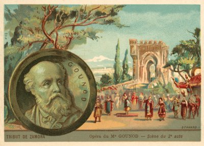 Kohtaus Charles Gounodin oopperasta Le Tribut de Zamora (chromolitho) tekijältä French School