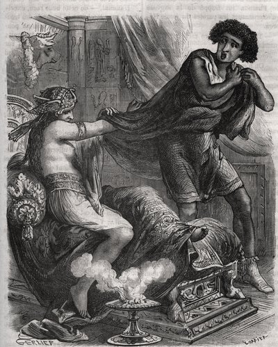 Kohtaus Raamatusta: "" Hän tarttui liian hyveelliseen nuoreen mieheen tunikastaan"". Putifarin (Potifarin) vaimo yrittää vietellä Joosefin, faaraon orjan. Kaiverrus vuodelta 1871 Henry de Kockin (1819-1892) teokseen "Histoire Des Cocus Celebres". tekijältä French School