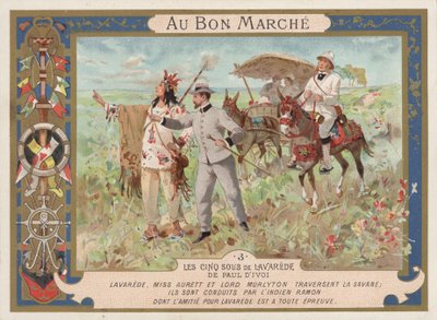 Kohtaus Paul Ivoin (chromolitho) romaanista Les Cinq Sous de Lavarede tekijältä French School