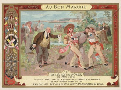 Kohtaus Paul Ivoin (chromolitho) romaanista Les Cinq Sous de Lavarede tekijältä French School
