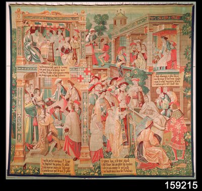 Kohtauksia Reimsin piispan Pyhän Remigiuksen (k.533) elämästä: Rikkaan miehen testamentti ja kuolleen miehen ylösnousemus, 1531 tekijältä French School