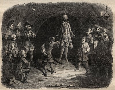 Ryövä Louis Dominique Garthausenin dit Cartridge (1693-1721) urallaan Pariisissa luoma varkaiden koulu: kattoon roikkuu malli, jonka taskut tulisi tyhjentää ilman, että hän joutuisi liikkumaan laukaussateen uhalla - Varkaiden koulu tekijältä French School
