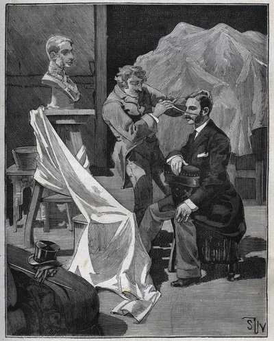 Veistos, kuvanveistäjän työpaja, fokus ja veistos rintakuvasta. Kaiverrus vuodelta 1880 kirjassa "Les arts et metiers illustres", kirjoittanut Adolphe BITARD. tekijältä French School